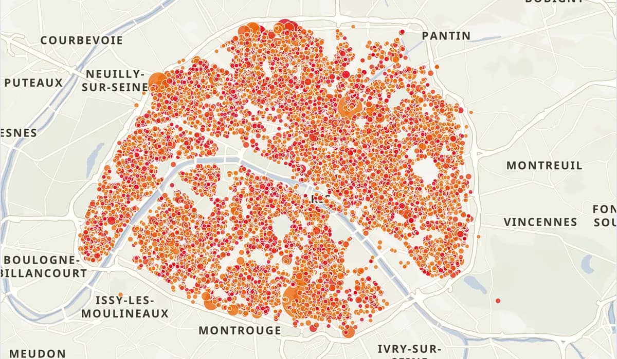 Aperçu du radar : les immeubles parisiens ayant reçu un DPE F ou G, en cercles orange et rouges