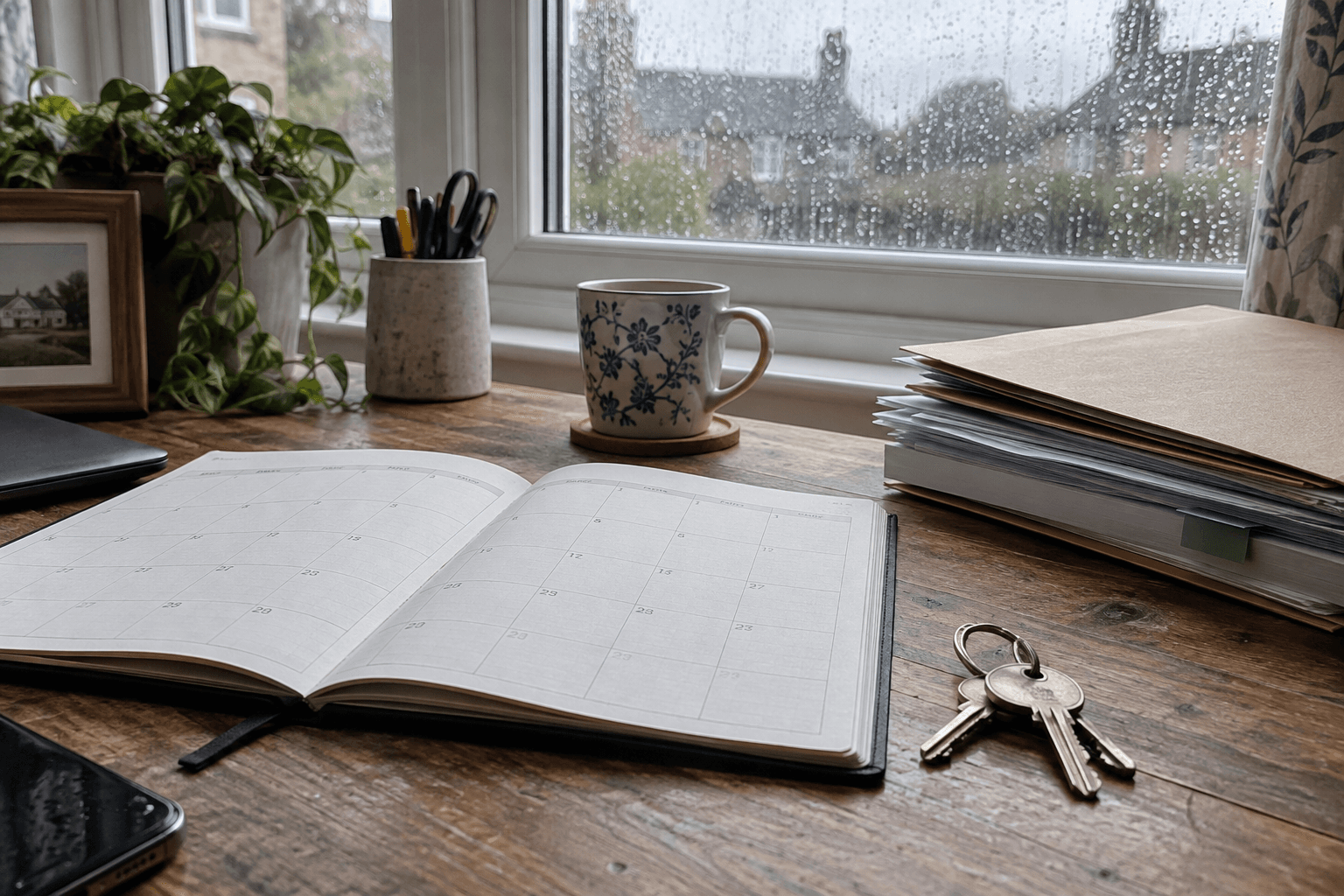 Illustration réaliste d'un calendrier, de dossiers et de clés sur un bureau.
