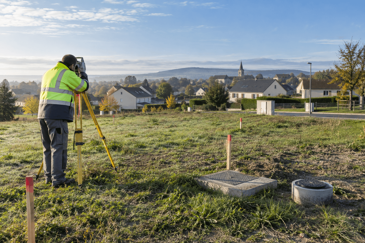 Géomètre réalisant un relevé sur un terrain en lisière de village.
