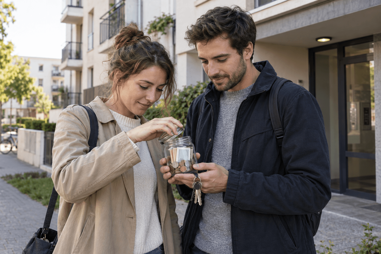 Un jeune couple compte son épargne dans un bocal devant un immeuble résidentiel récent.