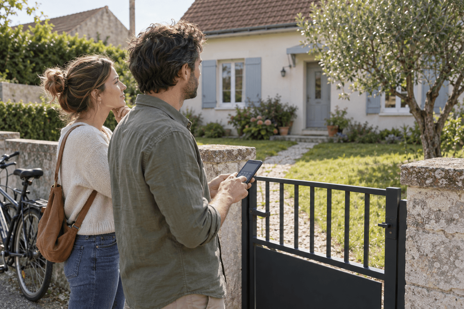 Couple observant une maison depuis le portail tout en vérifiant un calcul sur téléphone.