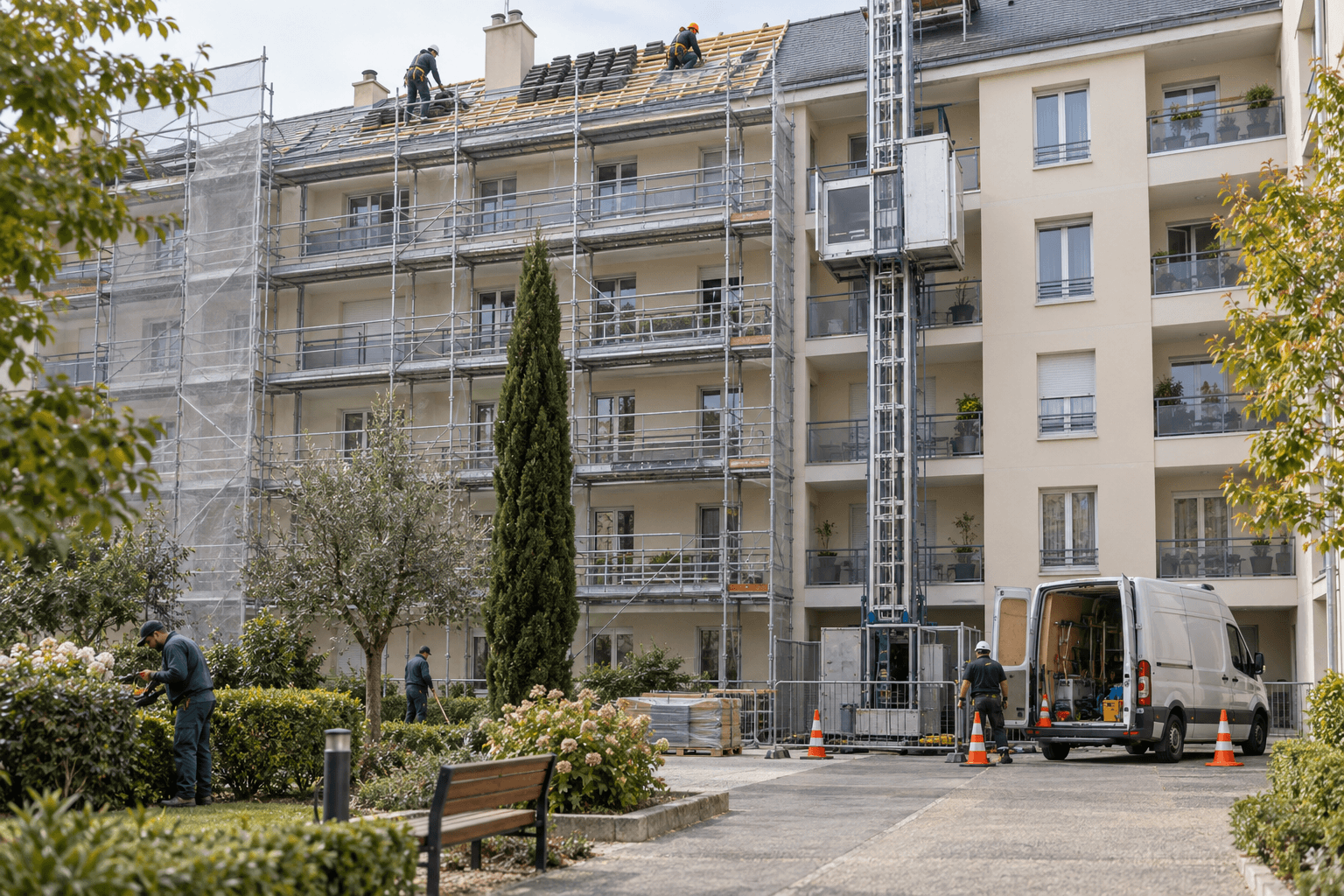 Copropriété vue de l'extérieur pendant des travaux de toiture, façade, ascenseur et jardin.