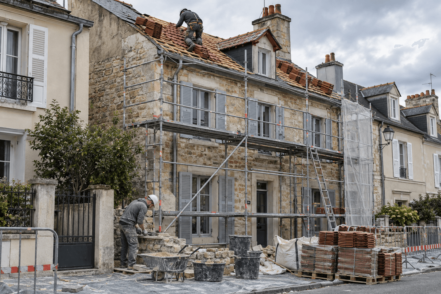 Maison de ville en rénovation avec échafaudage et couvreurs.