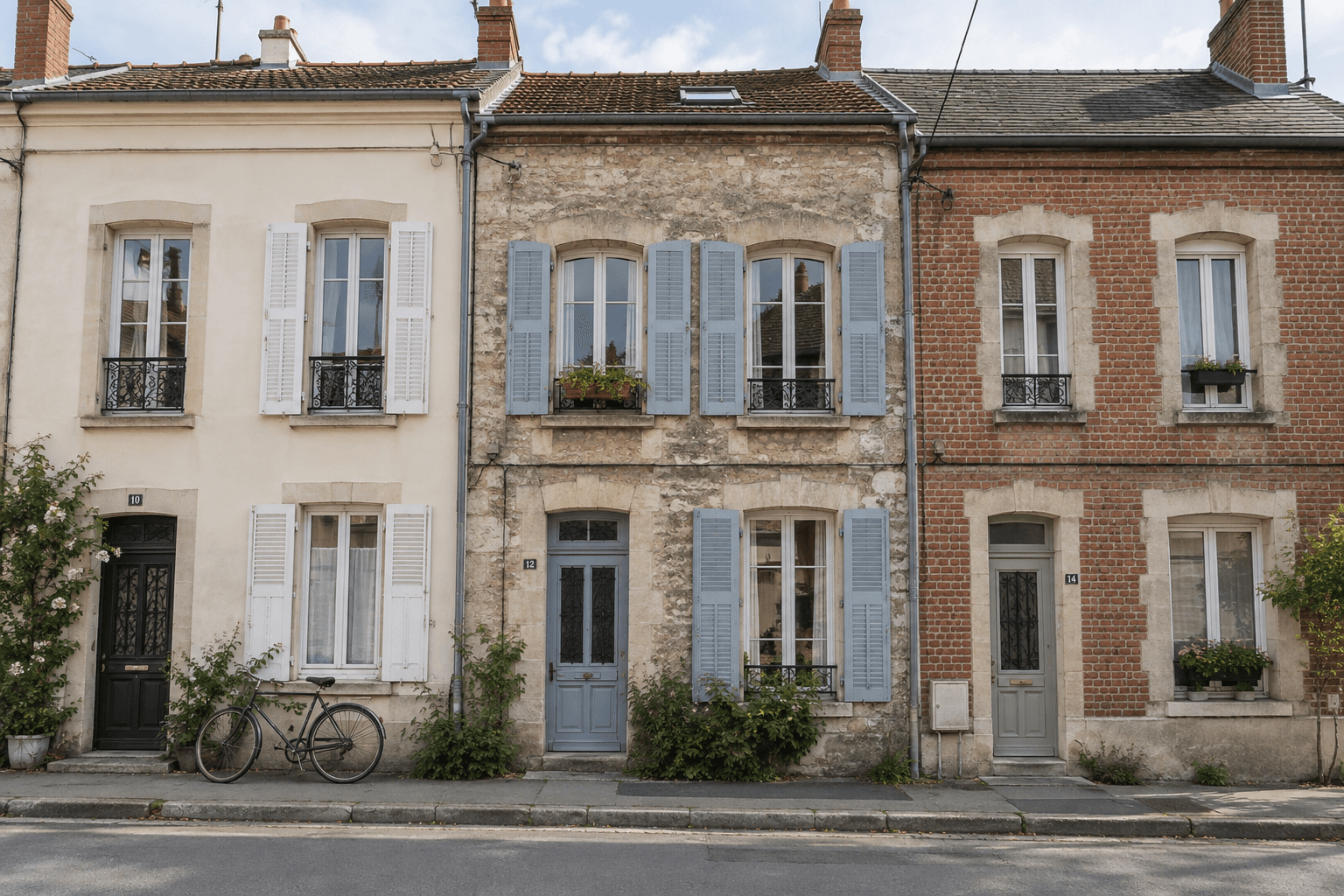 Illustration réaliste de trois maisons de ville voisines aux caractéristiques différentes.