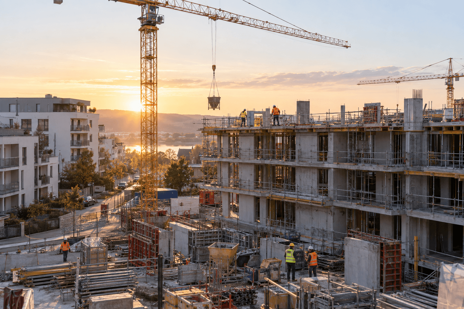 Chantier de logements collectifs à côté de maisons terminées.