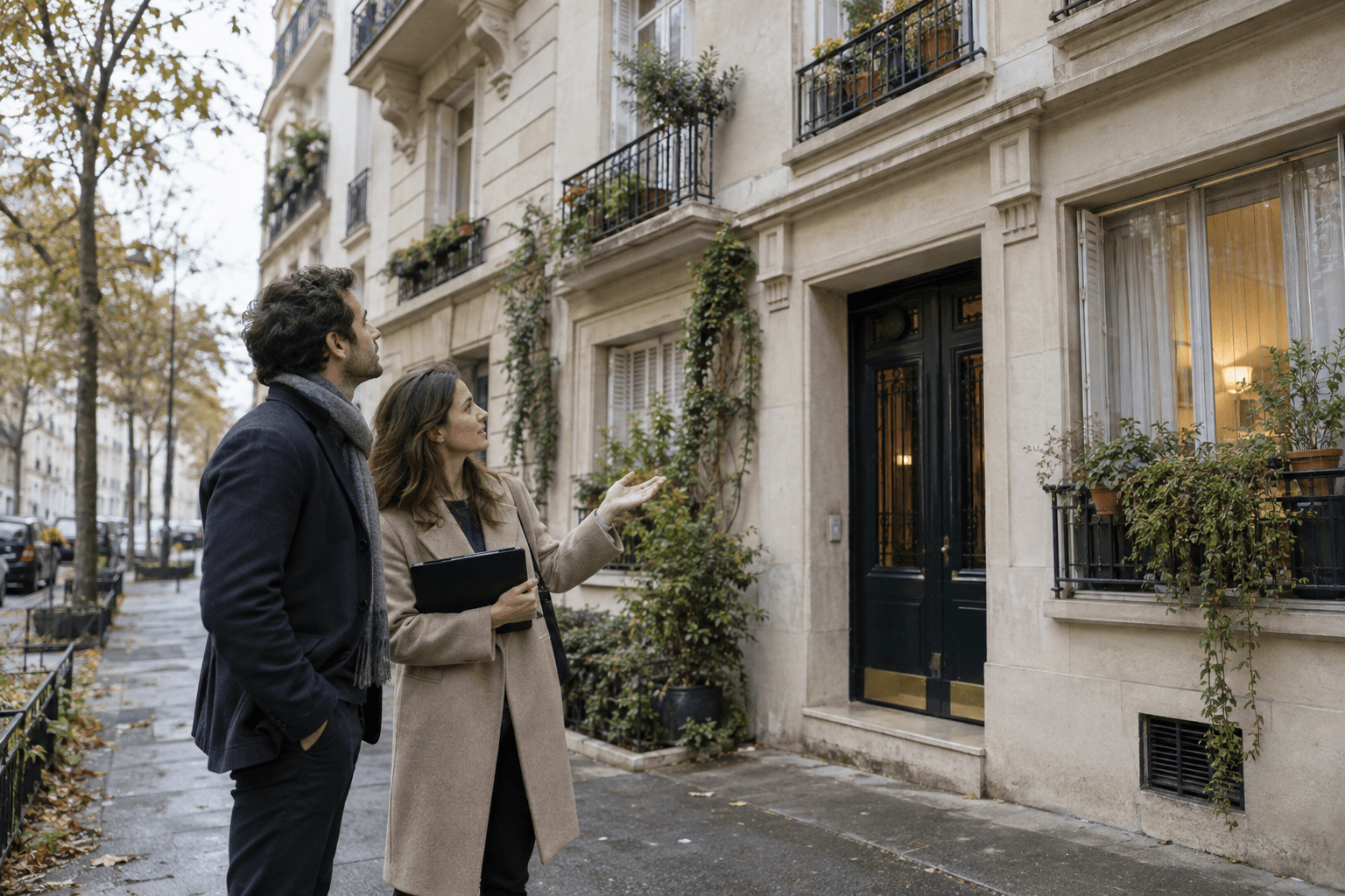 Acquéreurs et professionnelle observant la façade d'un immeuble occupé.