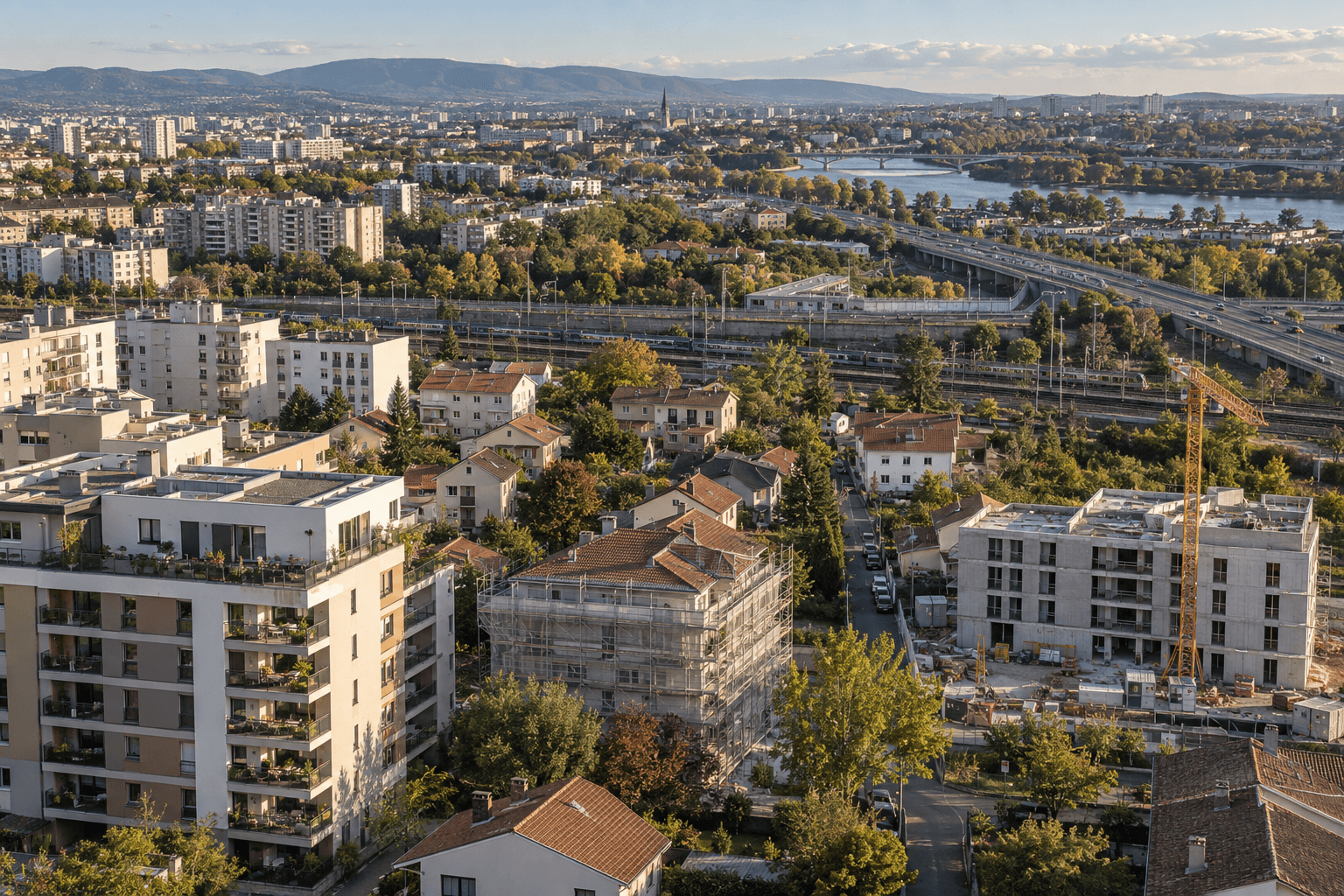 Vue aérienne d'un quartier français traversé par des flux lumineux symbolisant l'économie du logement.