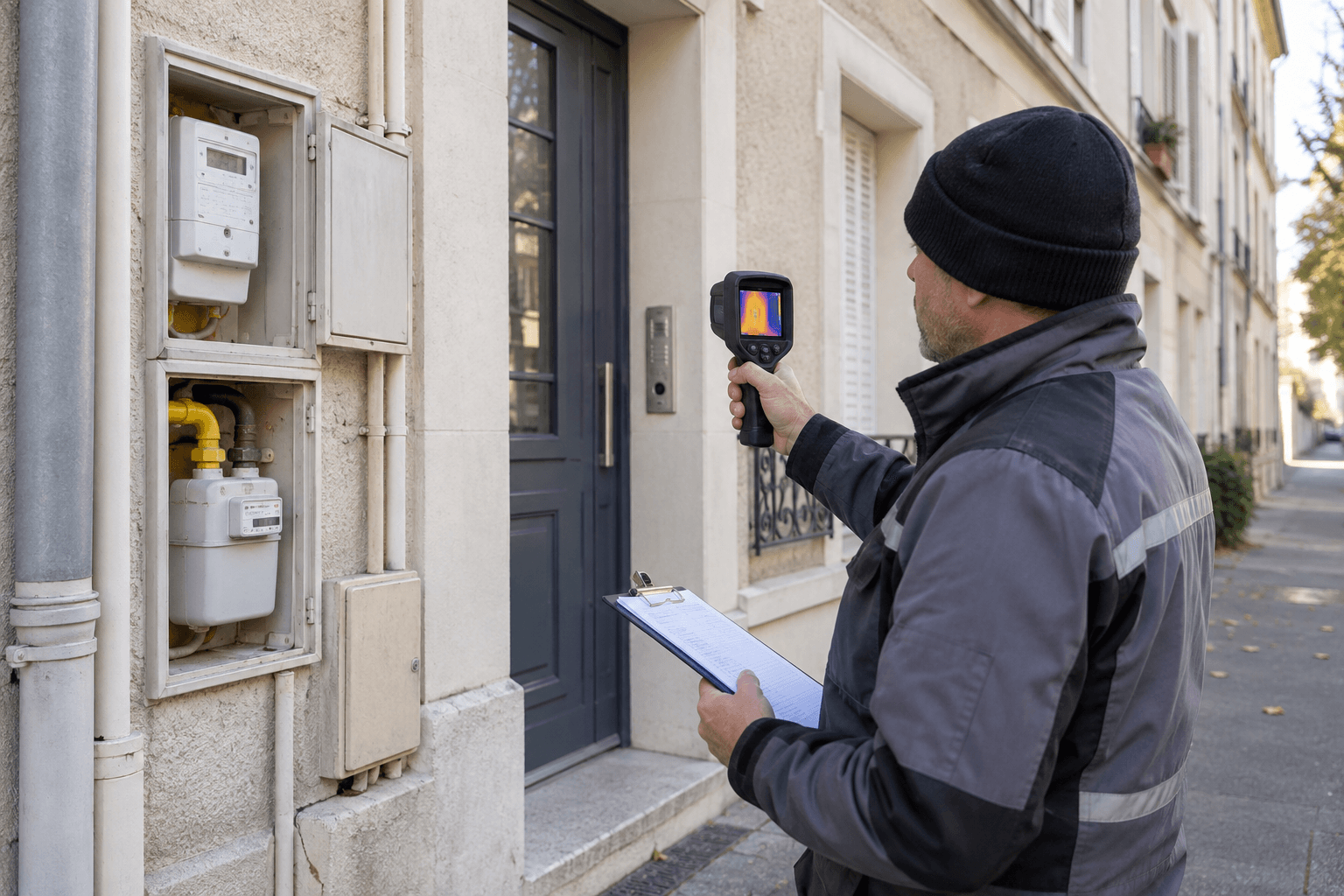Diagnostiqueur contrôlant un tableau électrique avec plusieurs instruments de mesure.
