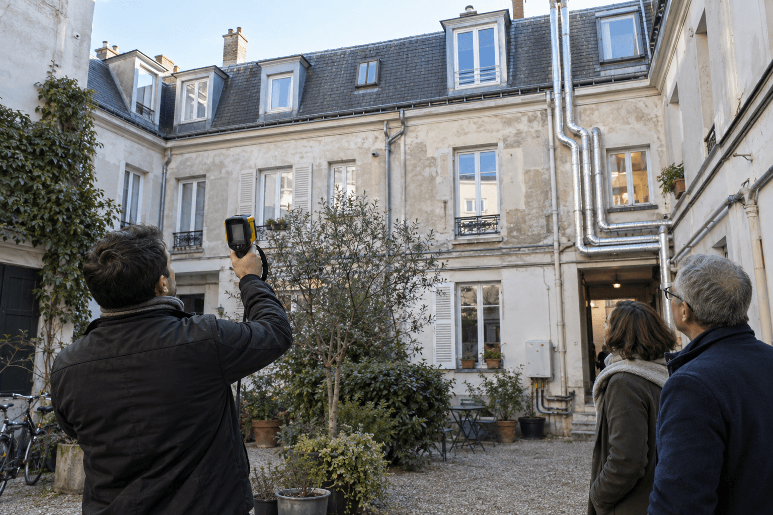 Un diagnostiqueur utilise une caméra thermique dans la cour d'une petite copropriété ancienne.