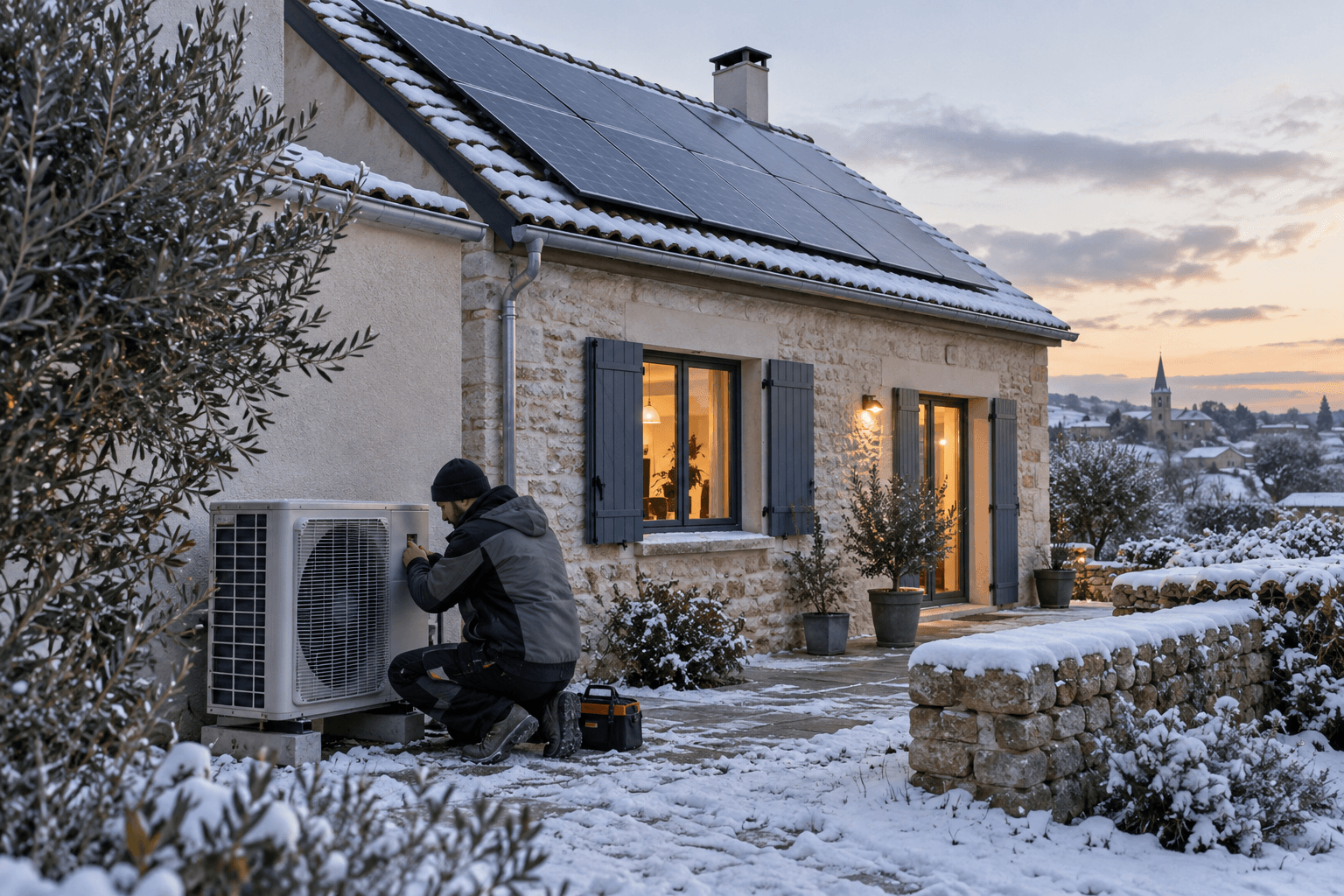 Maison équipée d'une pompe à chaleur contrôlée par un technicien.