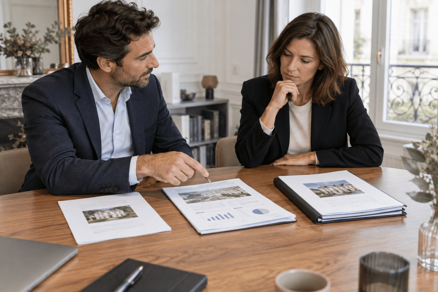 Illustration réaliste de professionnels comparant trois dossiers d'évaluation immobilière.