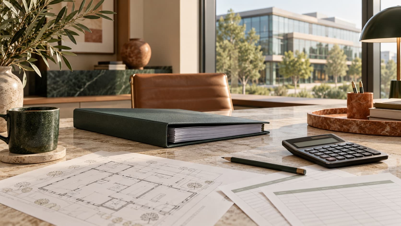 Dossier locatif, plan d'immeuble et calculatrice disposés sur une table de travail.