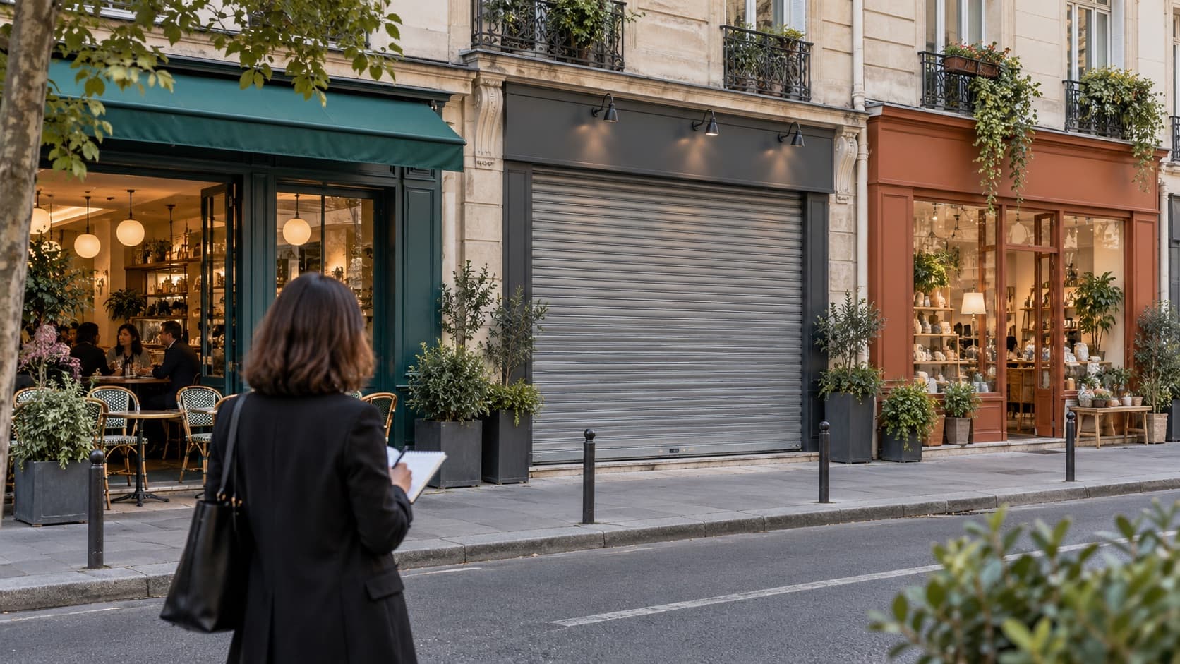 Trois commerces d'une rue française, dont un local au rideau fermé, observés depuis le trottoir.