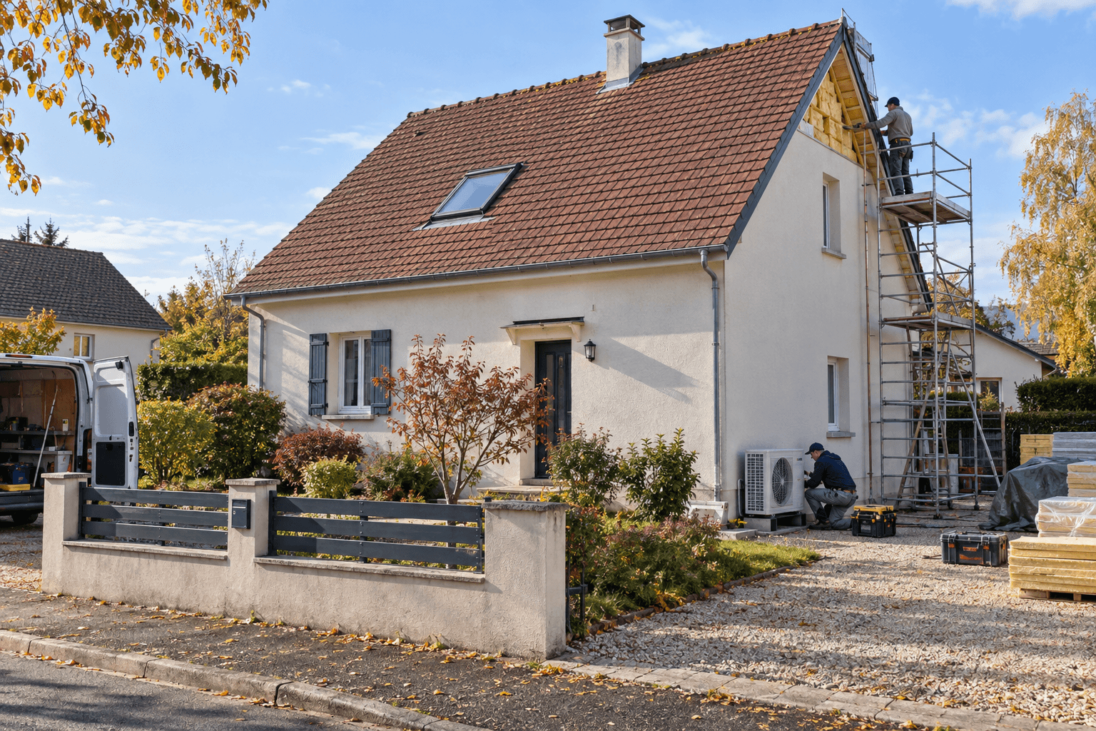 Maison en rénovation entourée de plans, matériaux isolants et outils sur un chantier lumineux.