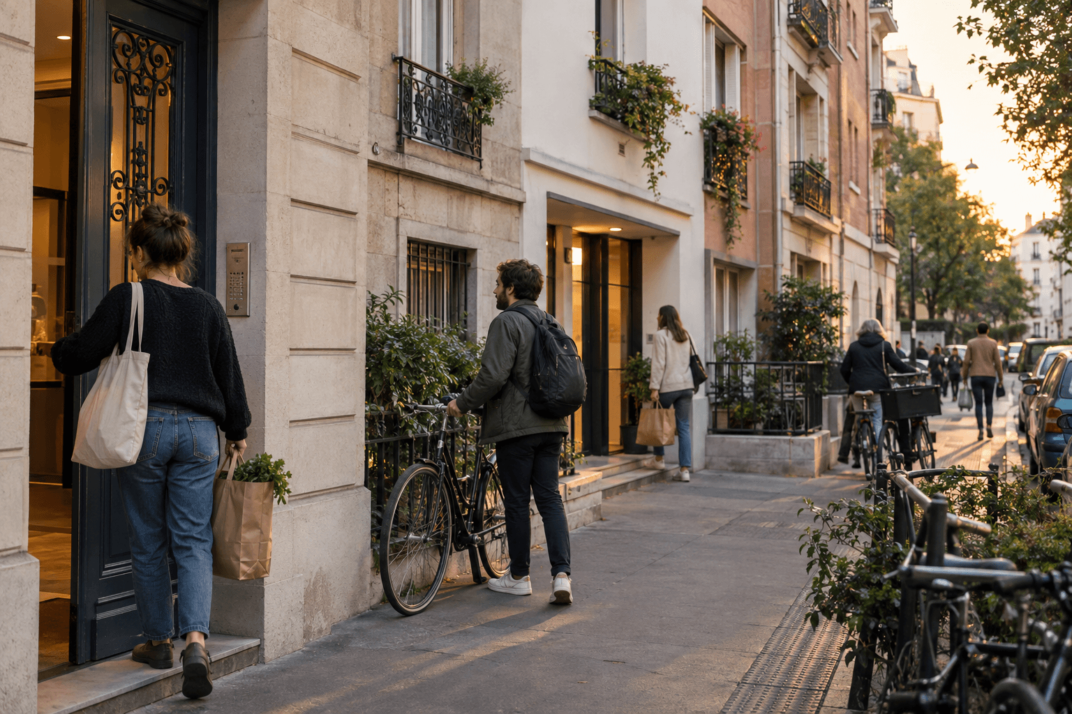 Entrées d'immeubles locatifs dans un quartier français en soirée.