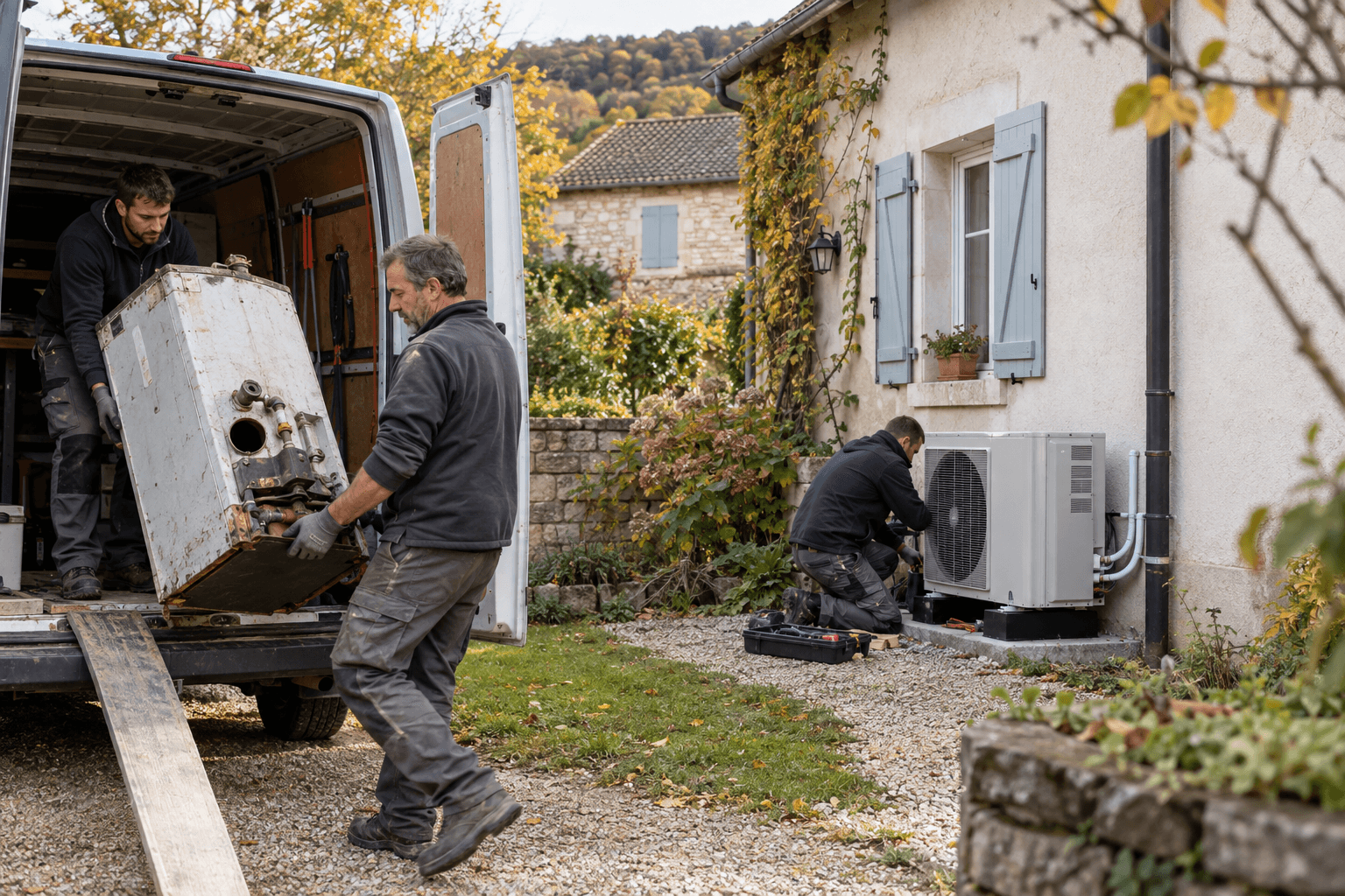 Remplacement du chauffage d'une maison par une pompe à chaleur.