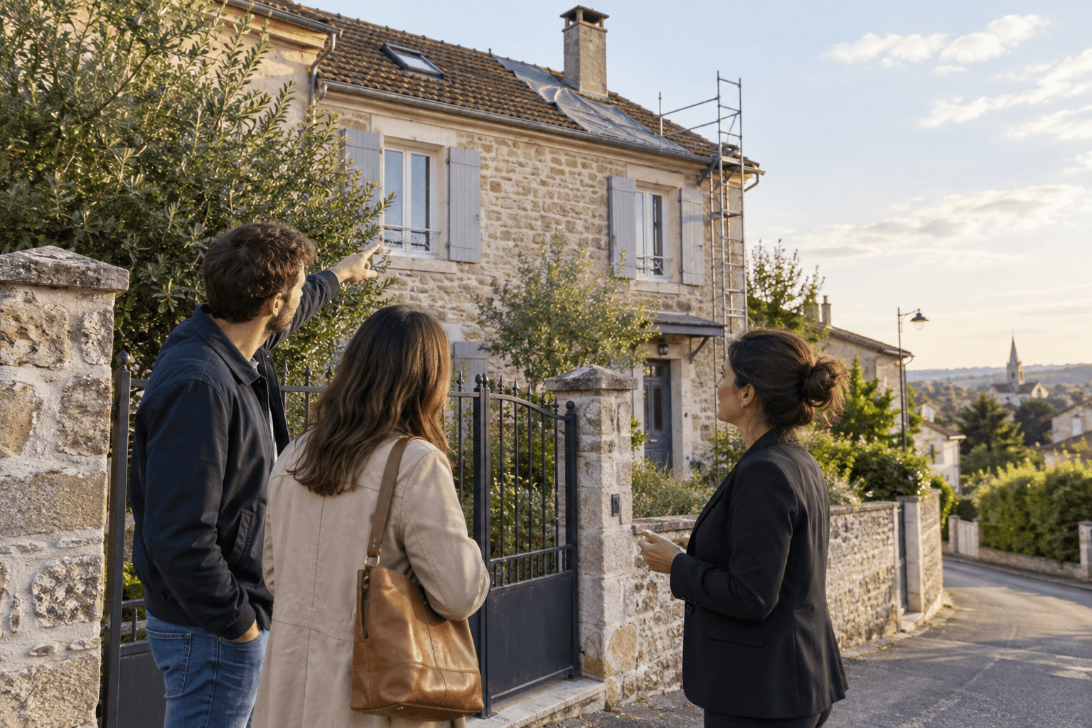Acquéreurs et agente immobilière observant la toiture d'une maison.