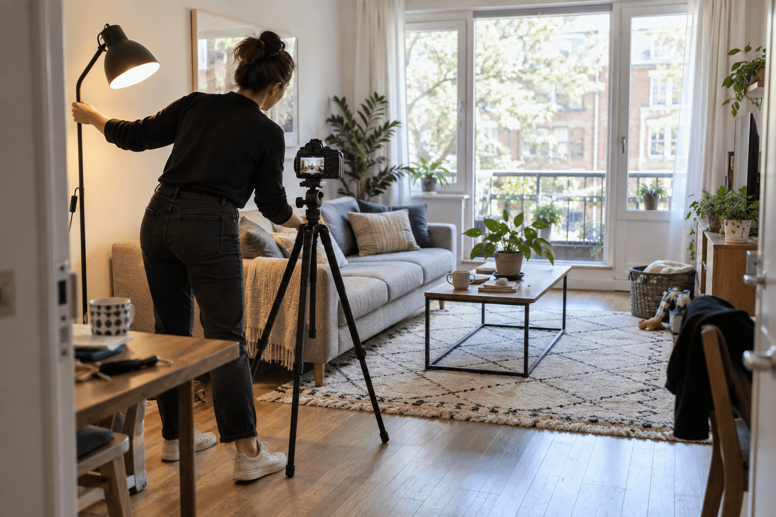 Illustration réaliste d'une professionnelle préparant la lumière et l'appareil photo dans un appartement.