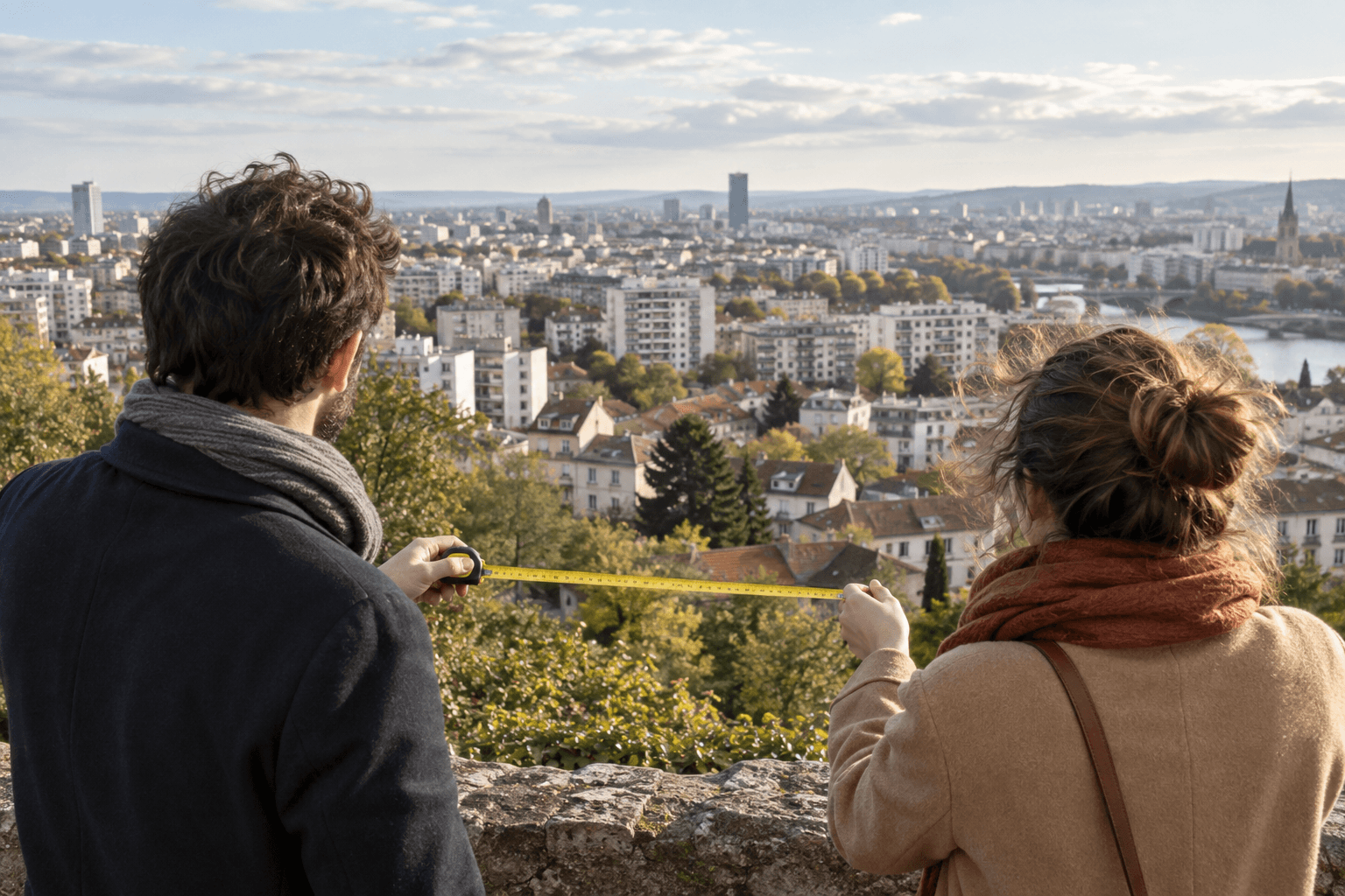 Un couple mesure symboliquement la ville depuis un belvédère dominant différents quartiers résidentiels.