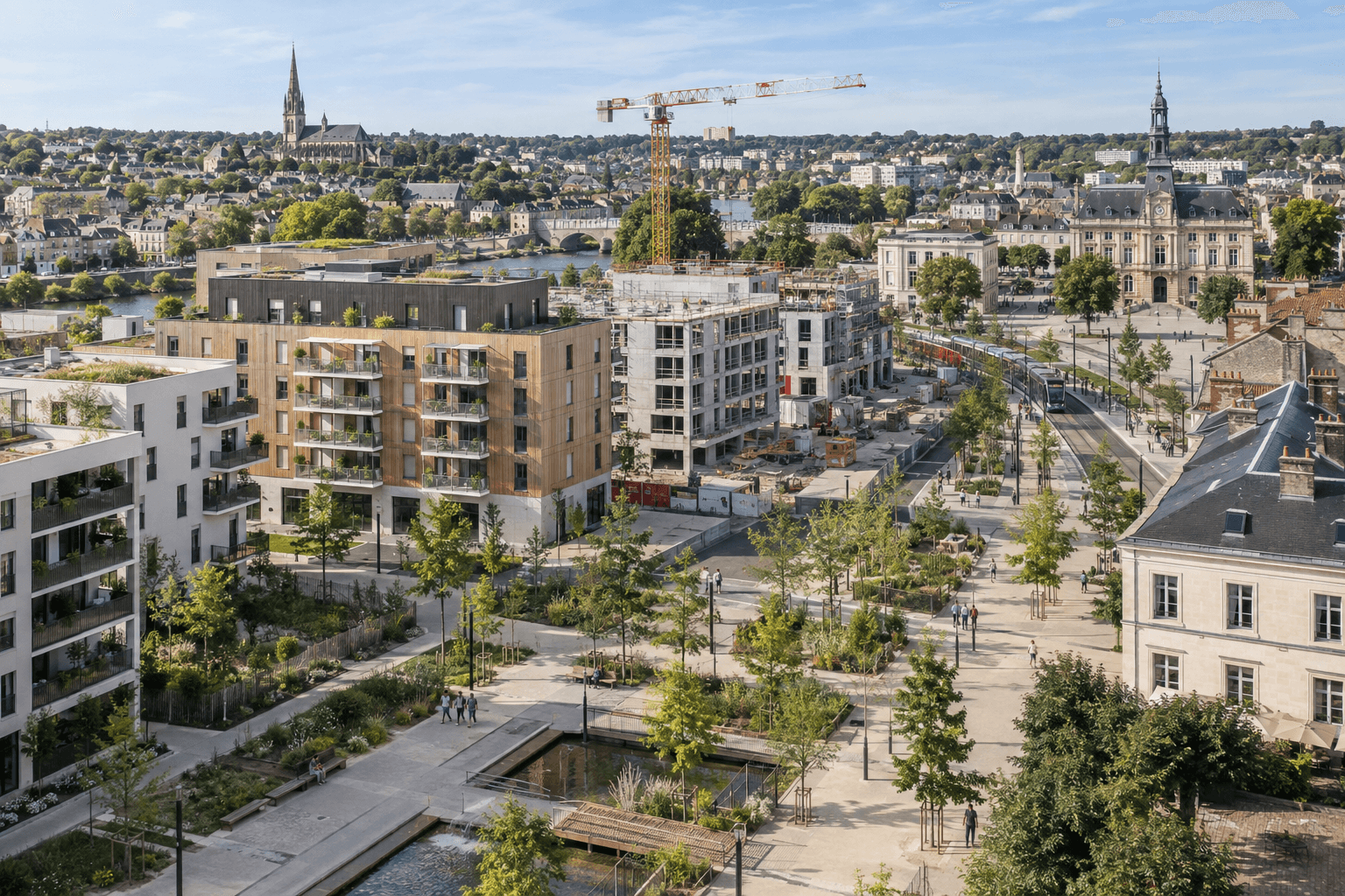 Un quartier français mêlant logements rénovés, chantier résidentiel, transports et mairie.