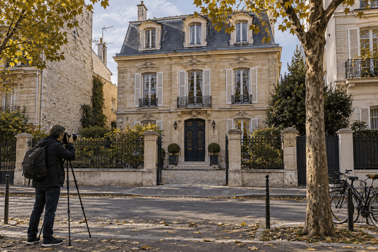 Photographe immobilier prenant la façade complète d'une maison depuis le trottoir.