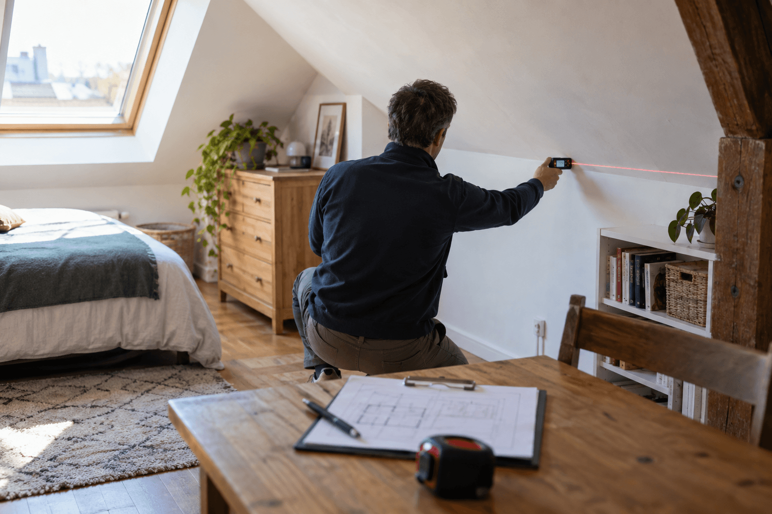 Illustration réaliste d'un professionnel mesurant une pièce mansardée avec un télémètre laser.