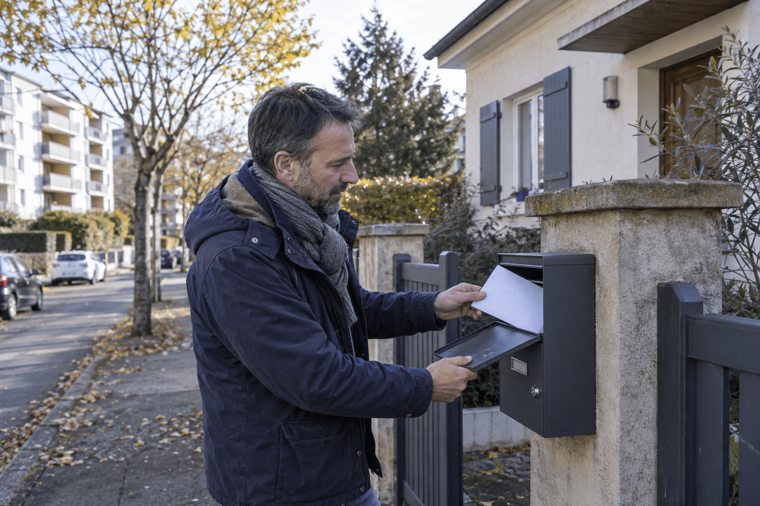 Un propriétaire récupère une enveloppe dans sa boîte aux lettres devant une maison française au début de l'automne.
