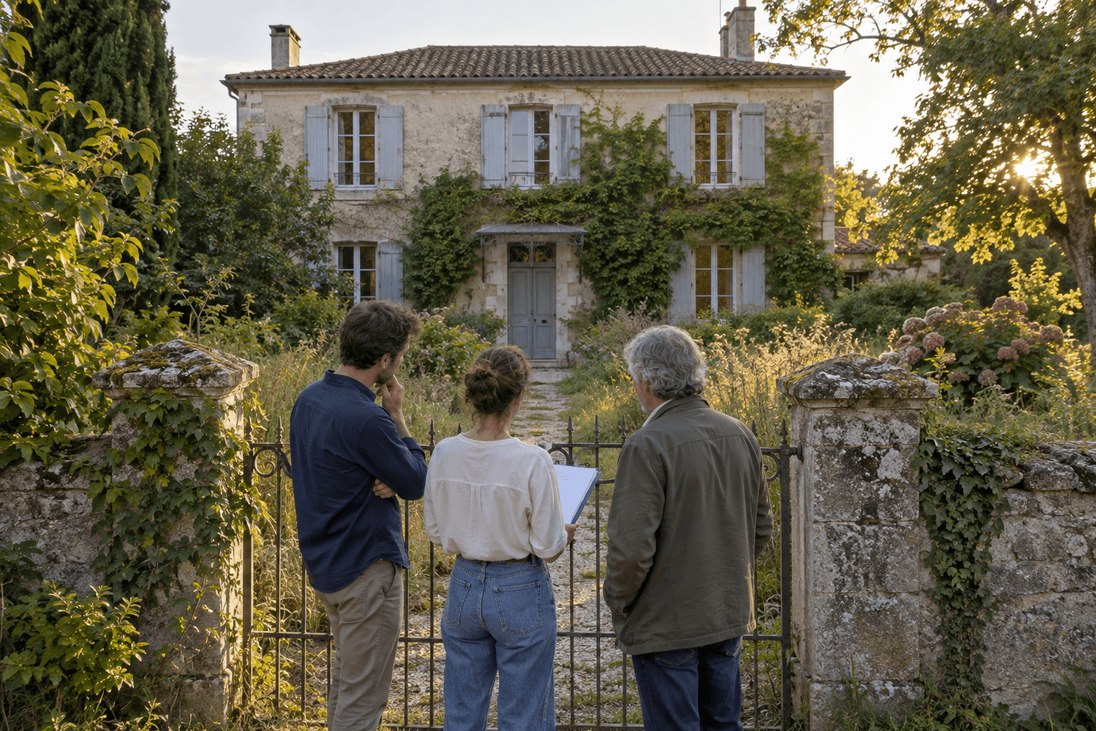 Trois membres d'une famille réunis devant une maison ancienne.