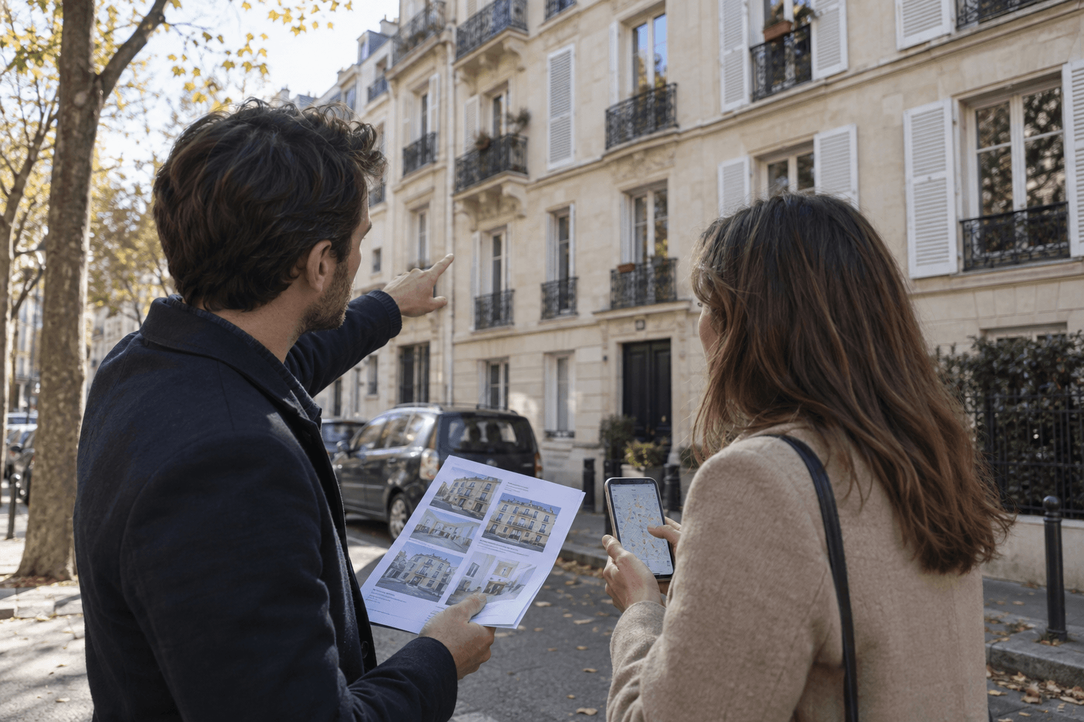 Illustration réaliste d'acquéreurs comparant un immeuble à des références de ventes locales.