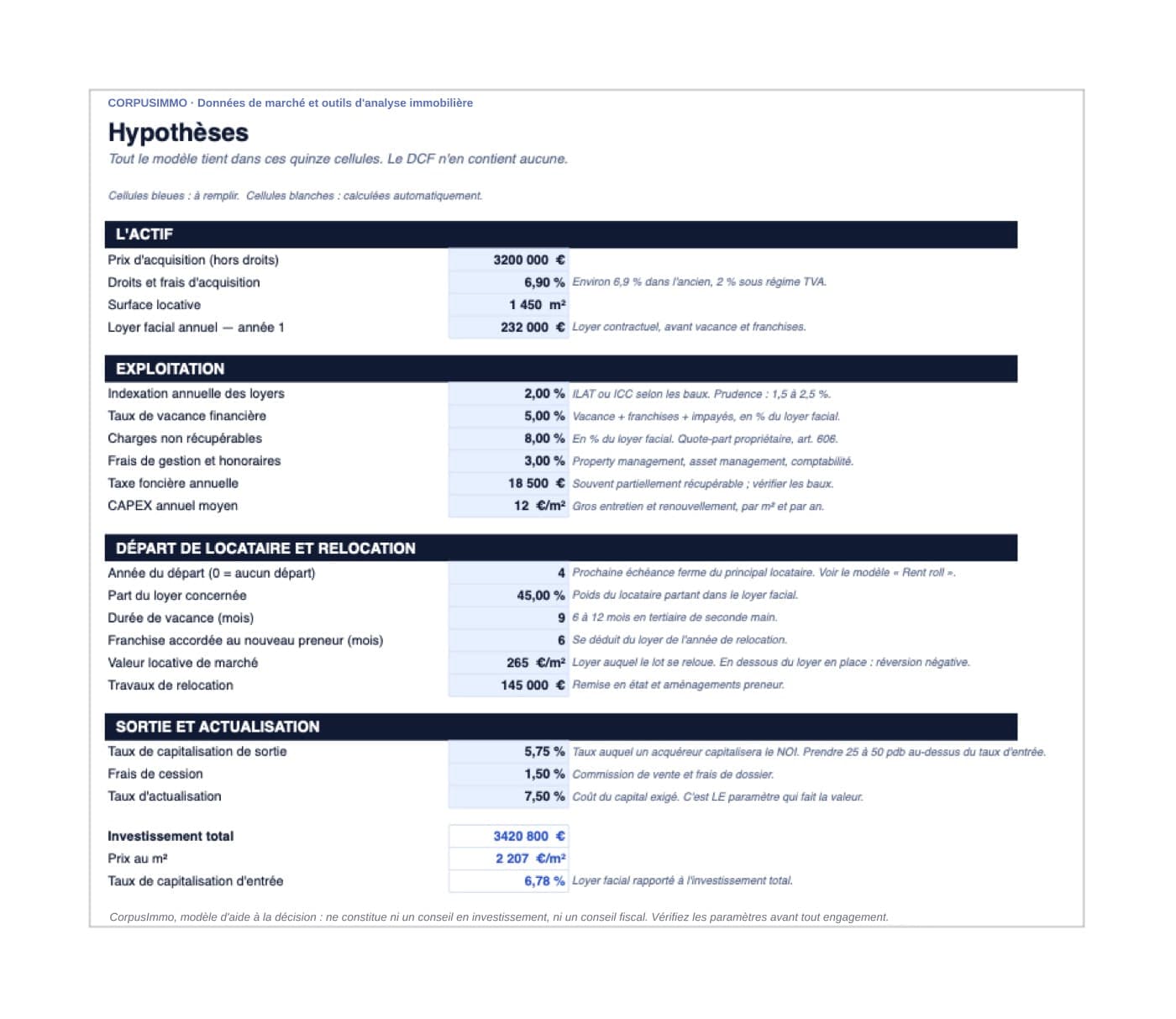 DCF immobilier sur 10 ans, onglet Hypothèses