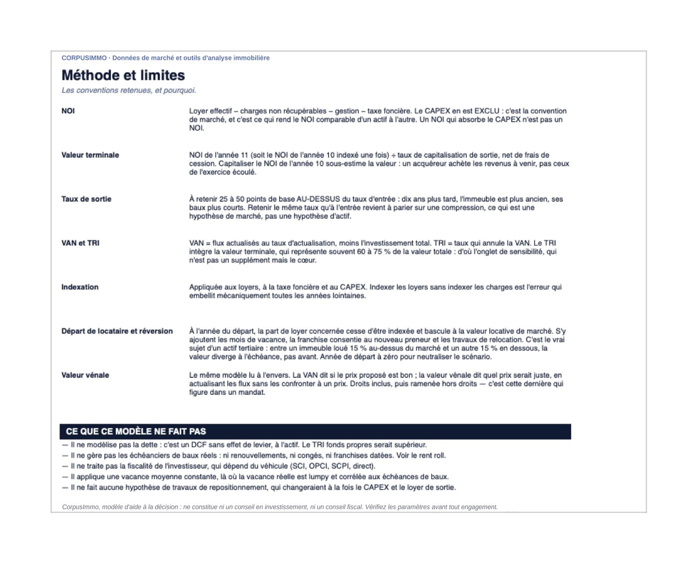DCF immobilier sur 10 ans, onglet Méthode