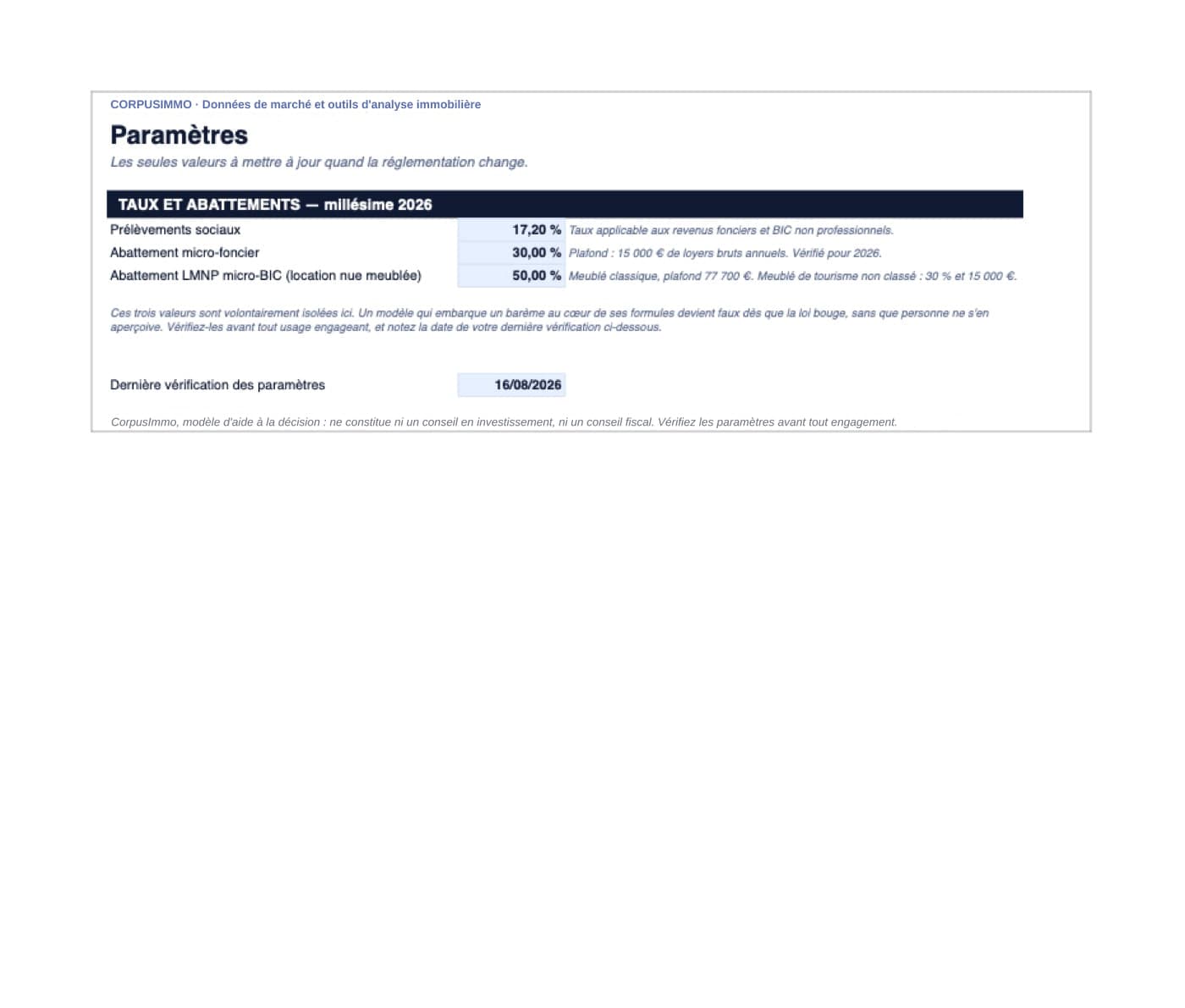 Calculateur de rentabilité locative, onglet Paramètres