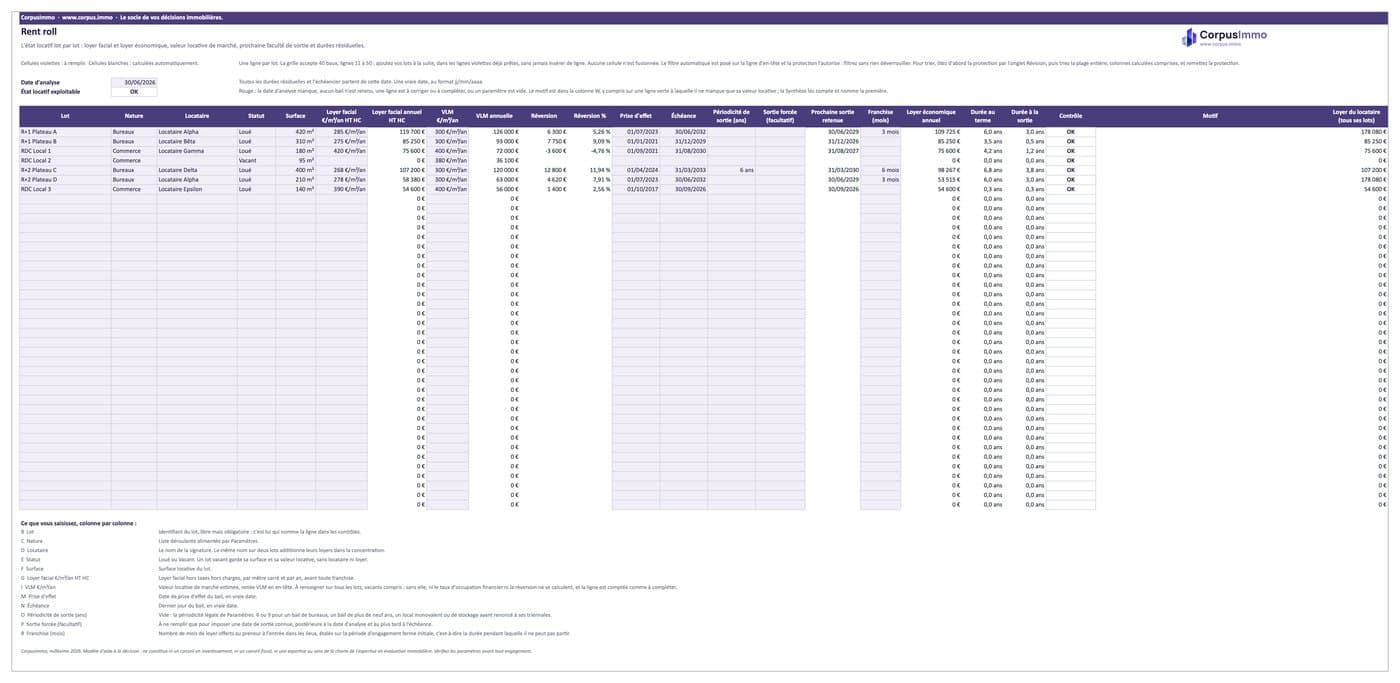 Aperçu du fichier Excel Rent roll, WAULT et WALB, onglet « Rent roll ».