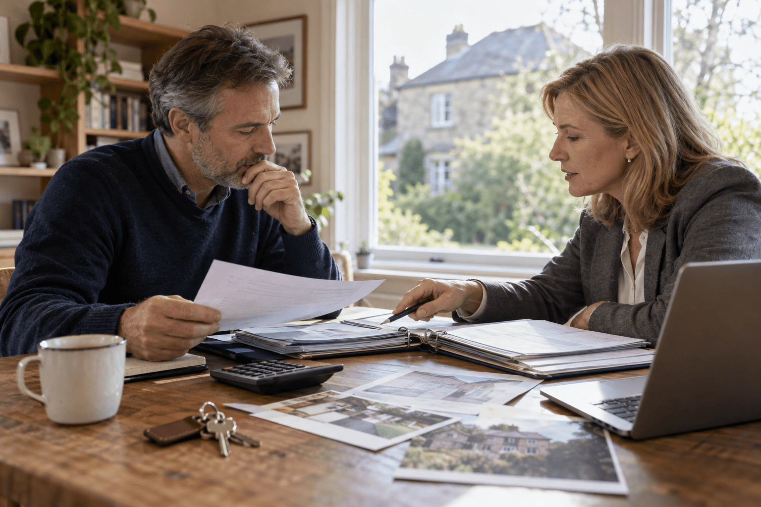 Illustration réaliste d'un propriétaire et d'une conseillère examinant les dossiers d'achat et de travaux d'une maison.