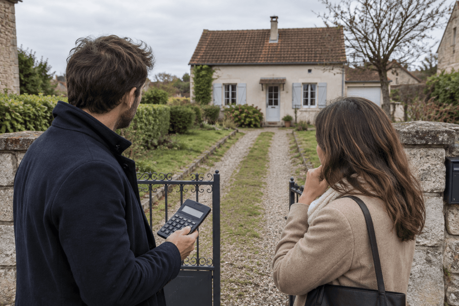 Des acheteurs évaluent leur budget devant le portail d'une maison française ordinaire.